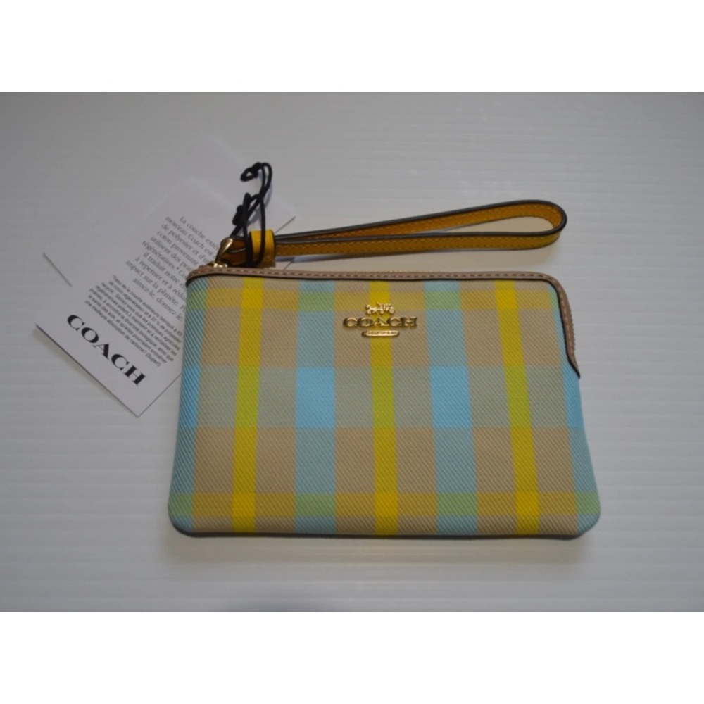Coach Yellow Blue Plaid Print Corner Zip Wristlet